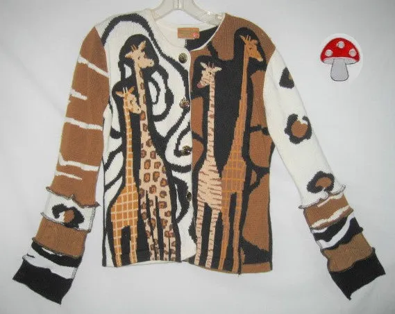 Wild About Giraffes Cardigan Size Medium / Large Animal Print Patchwork Recycled Sweater Wearable Art Leopard Spots Zebra Stripes