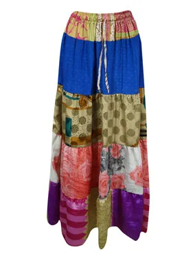 Womens Floral Patchwork Skirt Blue Pink Tiered Flared Skirt S/M