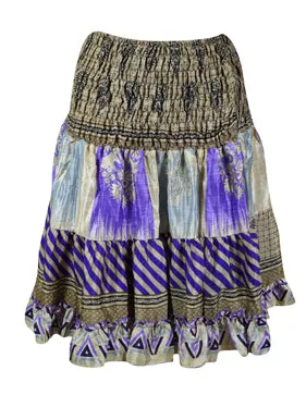 Womens Summer Ruched Skirt Beige, Purple Floral Beach Recycle Silk Skirts S/M