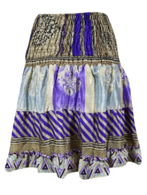 Womens Summer Ruched Skirt Beige, Purple Floral Beach Recycle Silk Skirts S/M