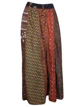 Womens Toasty Gold Maxi Skirt, Patchwork Panel Boho Flare Skirts, S/M/L