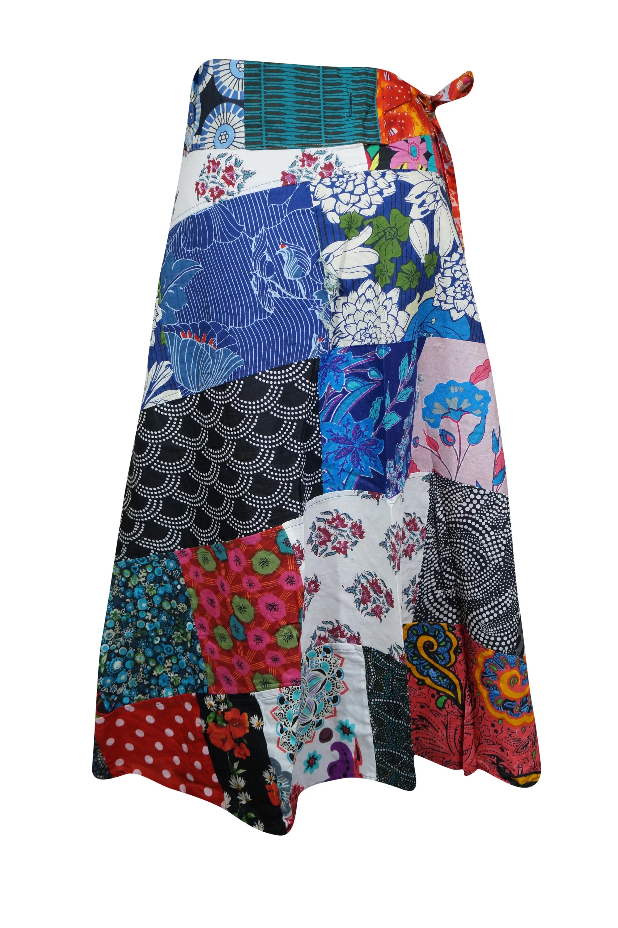 Womens Wrap Around Skirts Blue Red Patchwork Boho Short Skirt One Size