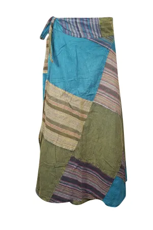 Wrap Around Skirts Cotton Blue, Green Patchwork Boho Maxi skirt XL